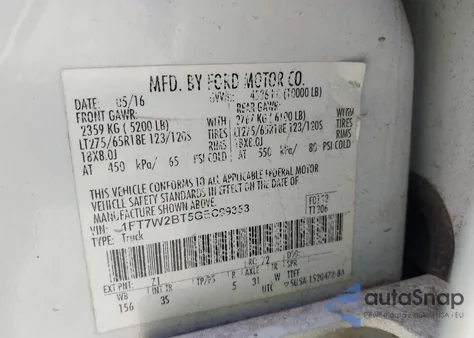 2016 Ford F-250 Xlt from USA, damaged, VIN 1FT7W2BT5GEC99353